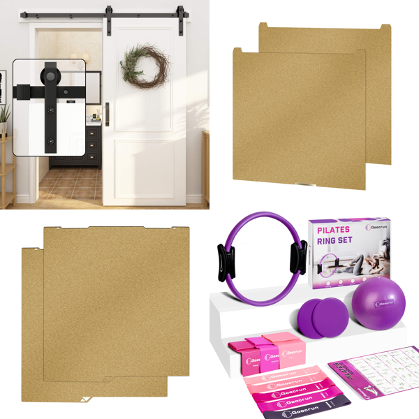Source photograph for Pallet – Mixed Goods – Sliding Door Kits, 3D Printer Build Plates, Pilates Equipment, Protective Mats