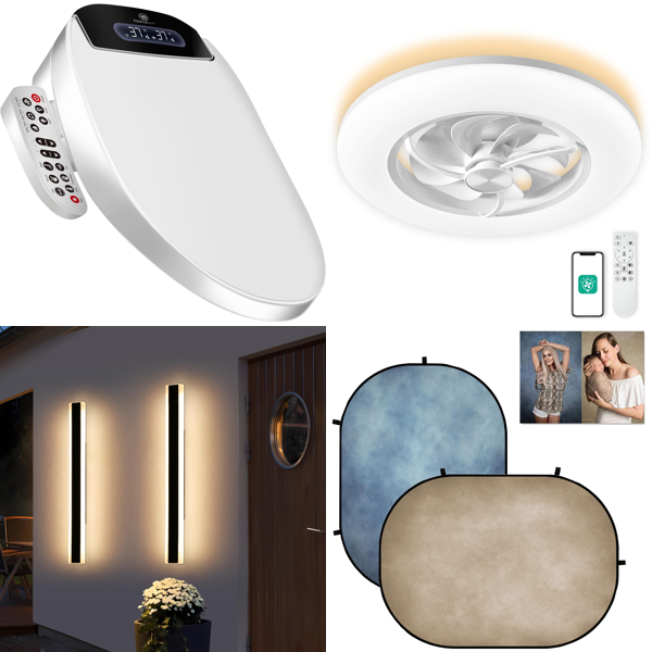 Source photograph for Pallet – Mixed Goods – Electric Bidet Seat, Outdoor Lights, Ceiling Fan, Jewellery Mirror, Festival Trolley