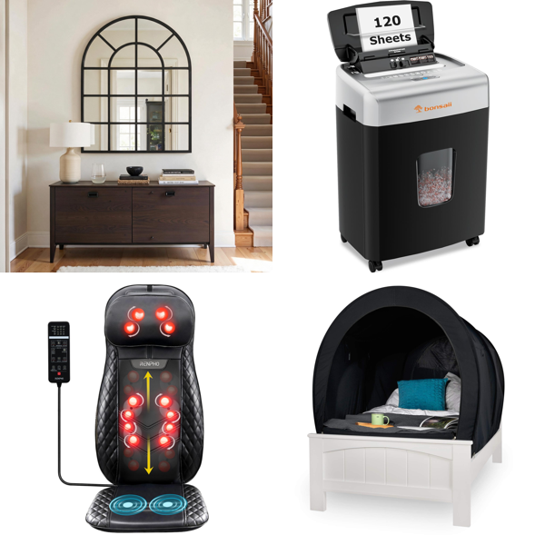 Source photograph for Pallet – Mixed Household Goods – Mirrors, Massage Devices, Paper Shredder, Lawnmower, Rugs, Pressure Cooker