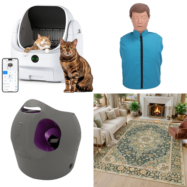 Source photograph for Pallet – Mixed Home & Pet Products – Cat Litter Trays, Dog Toys, CPR Manikins, Frying Pans, Rugs