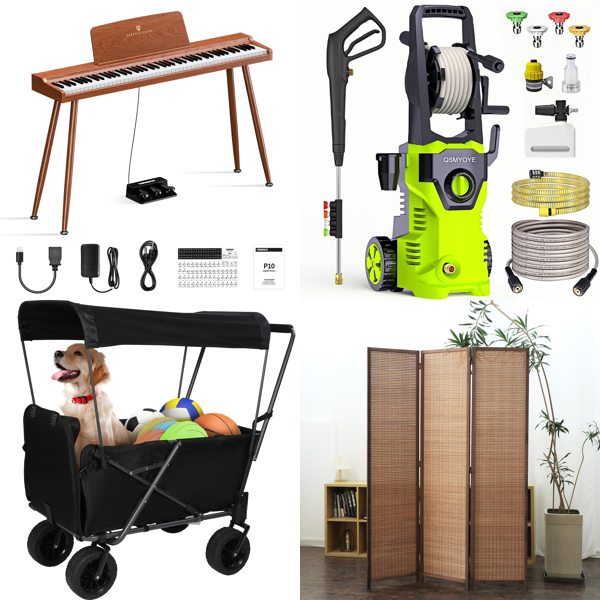 Source photograph for Pallet – Mixed Home & Leisure – Digital Pianos, Pressure Washers, Shower Sets, Projector Screens, Folding Wagons