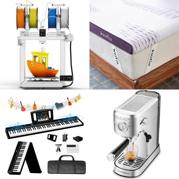 Source photograph for Pallet – Mixed Home Goods – 3D Printer, Keyboard Piano, Mattress Topper, Espresso Machine, Lighting