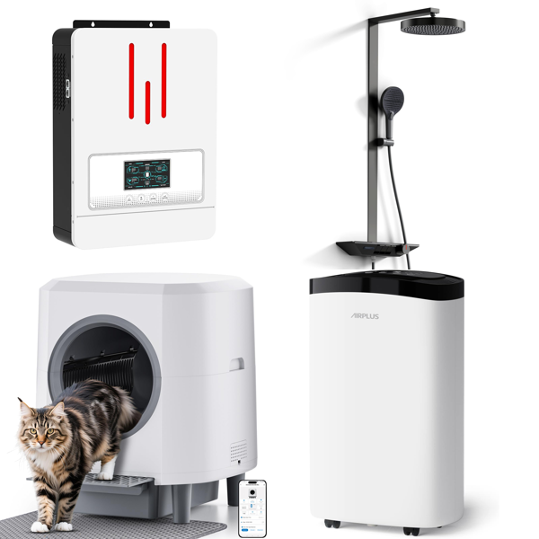 Source photograph for Pallet – Mixed Home & Leisure Goods – Solar Inverters, Cat Litter Trays, Shower Systems, Dehumidifiers