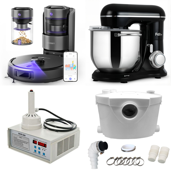 Source photograph for Pallet – Mixed Equipment – Robot Vacuums, Stand Mixer, Paper Shredder, Pump, Pond Filter