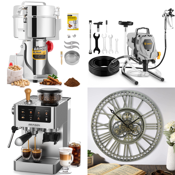 Source photograph for Pallet – Mixed Equipment – Grain Grinder, Coffee Machine, Paint Sprayer, Wall Clocks