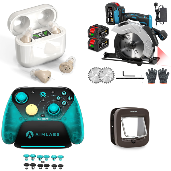Source photograph for Pallet – Mixed Technology & Equipment – Hearing Amplifiers, Gaming Controllers, Circular Saws, CPU Coolers