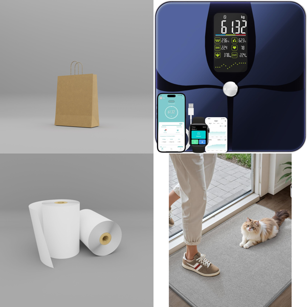 Source photograph for Pallet – Mixed Goods – Body Composition Scale, Doormats, Thermal Rolls, Paper Bags, Repair Tape