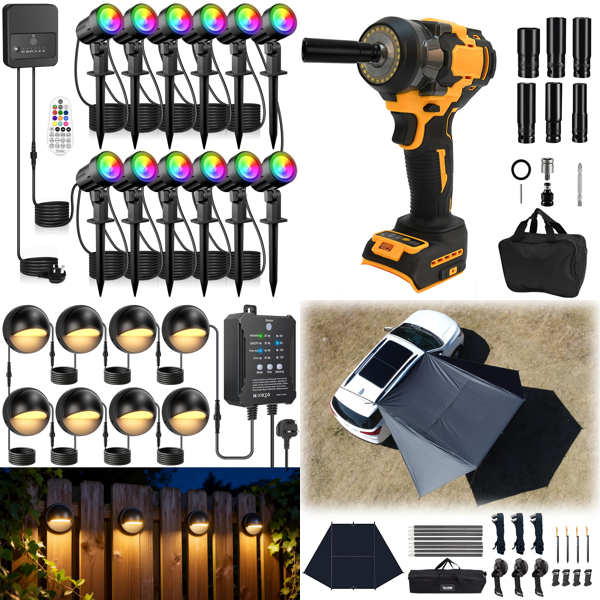 Source photograph for Pallet – Mixed Goods – Garden Lighting, Impact Wrench, Car Awning, Throw Blanket, Motorcycle Building Set, Storage Racks