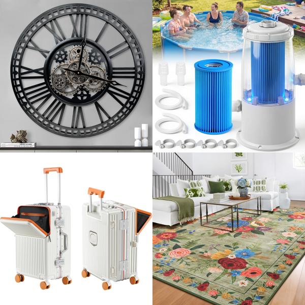 Source photograph for Pallet – Mixed Home & Garden Goods – Wall Clocks, Suitcases, Filter Pumps, Rugs, Ladders