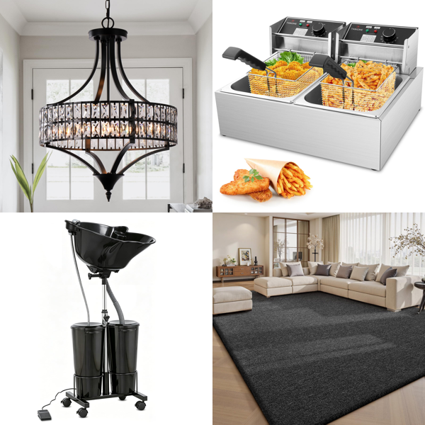 Source photograph for Pallet – Mixed Goods – Chandeliers, Deep Fryer, Robot Vacuum, Solar Panel, Hedge Trimmer