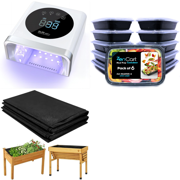 Source photograph for Pallet – Mixed Goods – UV LED Nail Lamps, Fabric Grow Bags, Planter Liners, Food Storage Containers
