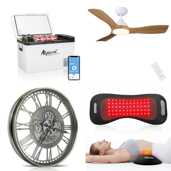 Source photograph for Pallet – Mixed Goods – Fridges, Ceiling Fans, Massage Cushions, Sanders, Garden Saws, Lighting