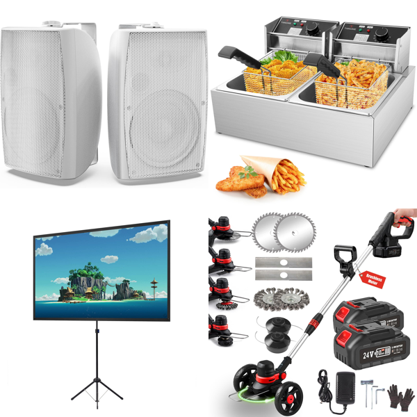 Source photograph for Pallet – Mixed Equipment – Outdoor Speakers, Projector Screen, Deep Fryer, Grass Trimmer, Solar Panel, Mirrors, Ramps, Scale