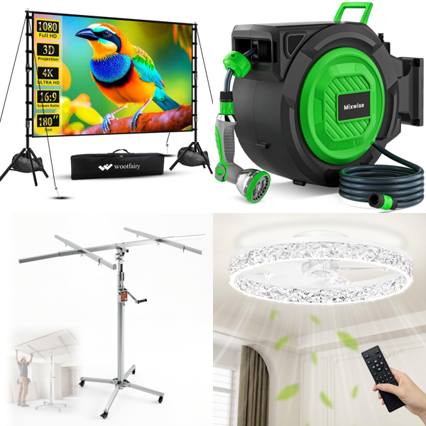 Source photograph for Pallet – Home & Garden Equipment – Projector Screen, Drywall Lifter, Garden Hose Reel, Steam Cleaner