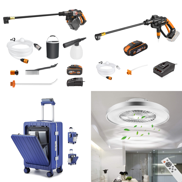 Source photograph for Pallet – Mixed Home Goods – Cordless Pressure Washers, Luggage, Ceiling Fan Lights, Pastry Display Case