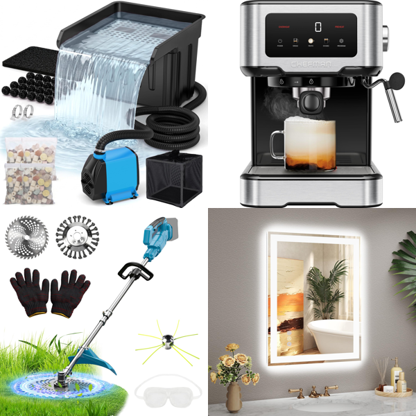 Source photograph for Pallet – Mixed Home & Garden Goods – Pond Pumps, Garden Trimmers, Espresso Machines, Mirrors, Dinnerware Sets