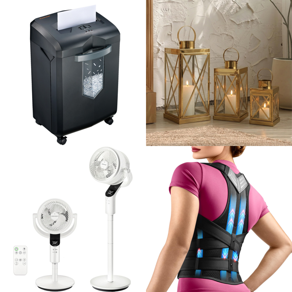 Source photograph for Pallet – Mixed Home & Garden Goods – Fan, Paper Shredder, Grass Trimmers, TV Mounts, Kids' Scooters