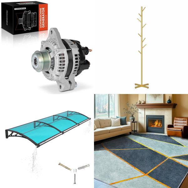 Source photograph for Pallet – Mixed Goods – Auto Parts, Door Awnings, Coat Racks, Area Rugs, Shower Sets, Suitcases, Mixing Bowls