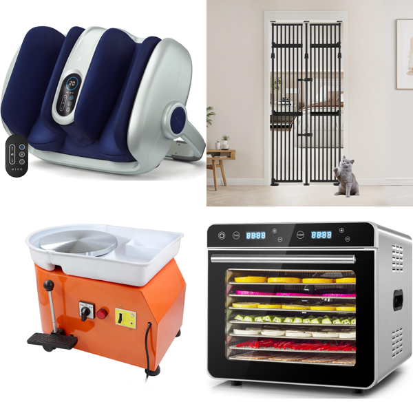 Source photograph for Pallet – Mixed Home & Pet Products – Foot Massagers, Pottery Wheels, Cat Gates, Food Dehydrators, Chandeliers, Suspension Parts, Car Mats, Dog Pens, Dehumidifiers, Safes