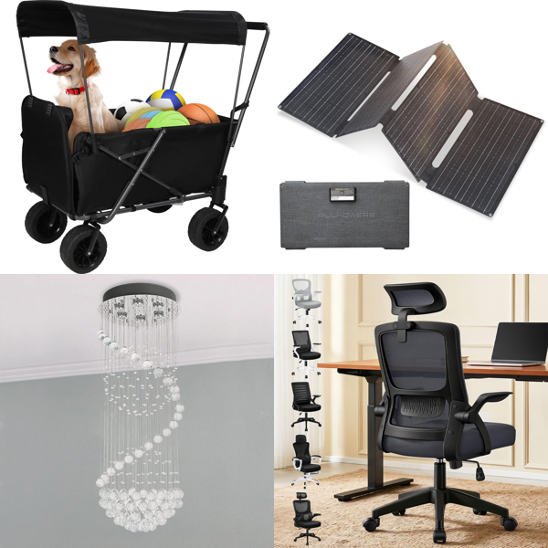Source photograph for Pallet – Mixed Goods – High Chairs, Foldable Solar Panels, Office Chairs, Toilet Seats
