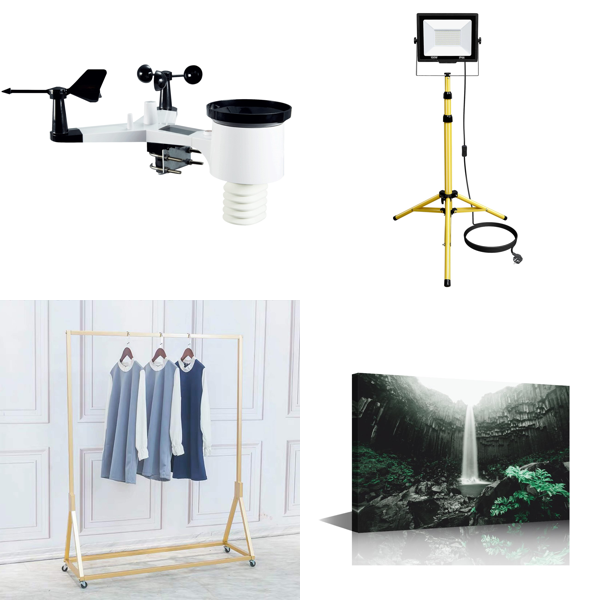 Source photograph for Pallet – Mixed Goods – Weather Sensors, Garment Racks, Work Lights, Wall Art, Artificial Plants, Air Fryer Accessories