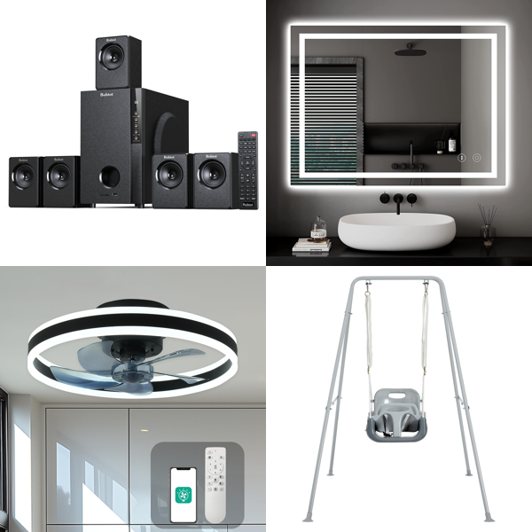 Source photograph for Pallet – Home, Garden & Tools – Home Theater, Ceiling Fan, Illuminated Mirror, Swing Set, Workshop Tools, Tables, Cage, Shelf, Bed