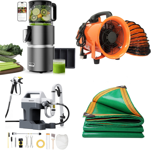 Source photograph for Pallet – Mixed Home & Workshop Equipment – Juicer, Paint Sprayer, Ventilation Fan, Water Pump, Mini Fridge