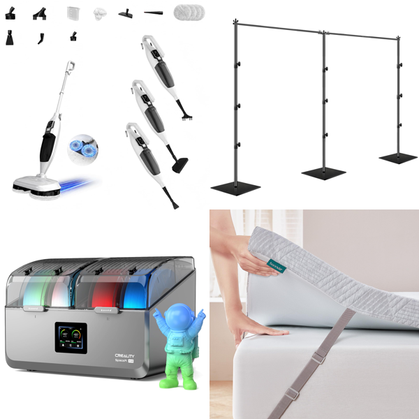 Source photograph for Pallet – Mixed Goods – Steam Cleaners, Filament Dryers, Backdrop Stands, Mattress Toppers, Children's Pools