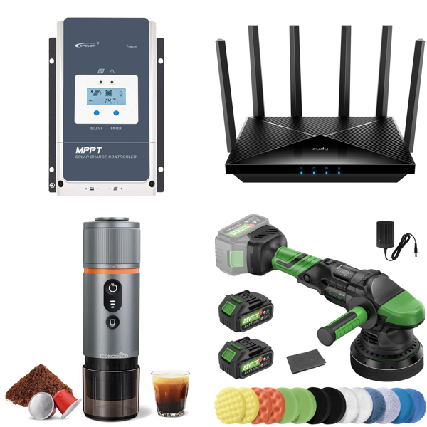 Source photograph for Pallet – Electronics & Auto Accessories – Solar Controller, Wi-Fi Router, Cameras, Car Polisher, Coffee Machine