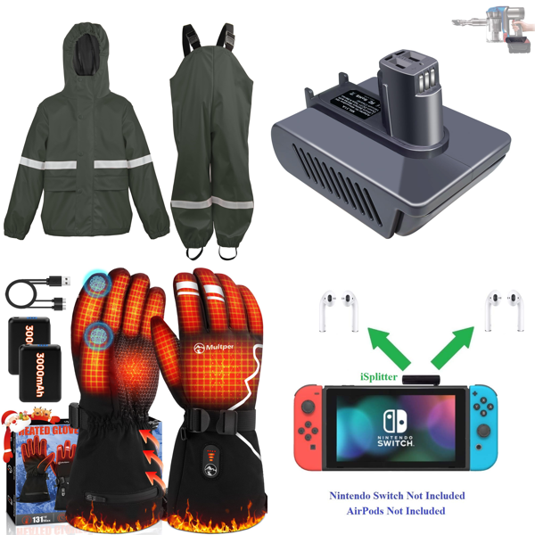 Source photograph for Pallet – Mixed Goods – Waterproof Clothing, Heated Gloves, Audio Adapters, Organizers, Pet Accessories