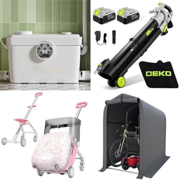 Source photograph for Pallet – Mixed Garden & Household Goods – Macerator Pump, Leaf Blower, Bike Shed, Pond Filter, Automatic Ball Launcher