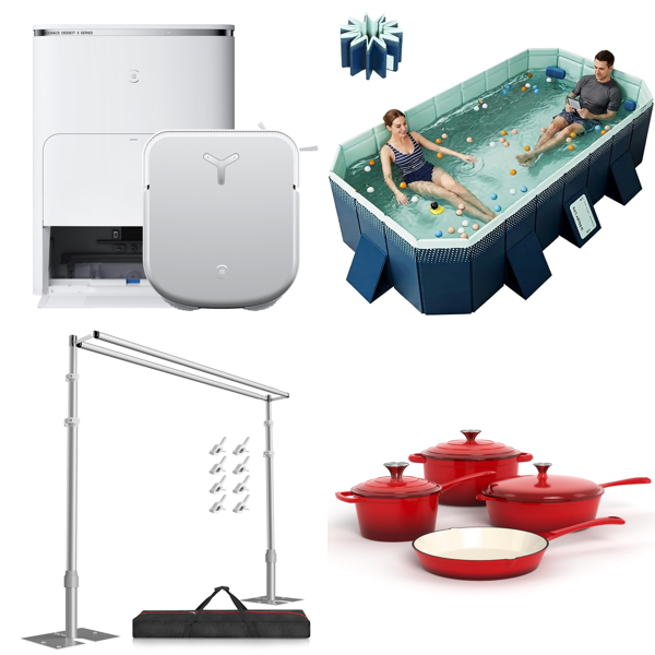 Source photograph for Pallet – Mixed Goods – Robot Vacuum, Cast Iron Cookware, Garden Hose Reel, Gazebo