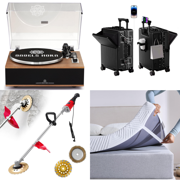Source photograph for Pallet – Mixed Goods – Record Players, Vacuum Cleaners, Suitcases, Mattress Toppers, Artificial Grass, Solar Accessories