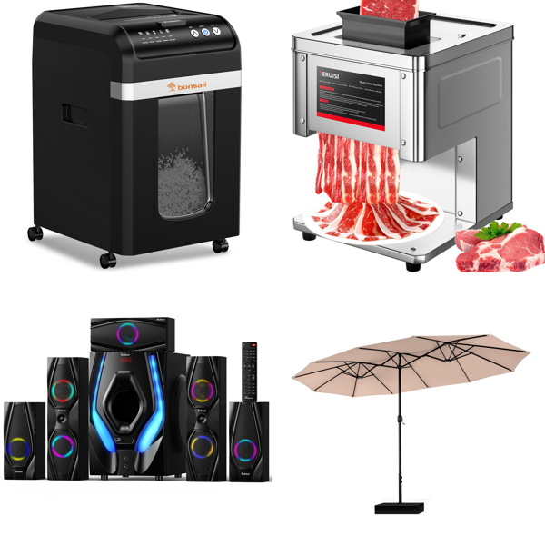 Source photograph for Pallet – Mixed Goods – Paper Shredders, Home Theater Systems, Meat Slicers, Garden Parasols, Fences