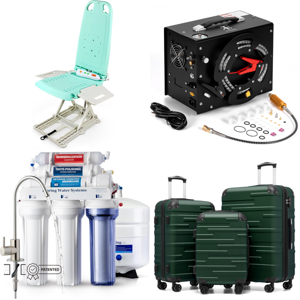 Source photograph for Pallet – Mixed Household Goods – Bath Lifts, Reverse Osmosis Systems, Suitcases, Coat Stands, Dog Ramps