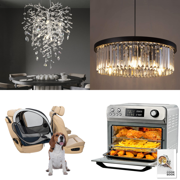 Source photograph for Pallet – Mixed Goods – Crystal Chandeliers, Air Fryer Oven, Tower Fan, Stand Mixer, Dog Ramp