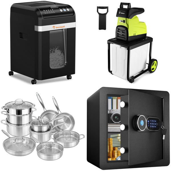 Source photograph for Pallet – Mixed Home & Garden Goods – Air Conditioner, Shredder, Cookware, Garden Chippers, Safe, Laundry Hamper, Garden Stones