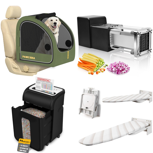 Source photograph for Pallet – Mixed Household Goods – Dog Crate, Paper Shredder, Potato Chipper, Ironing Board, Rug