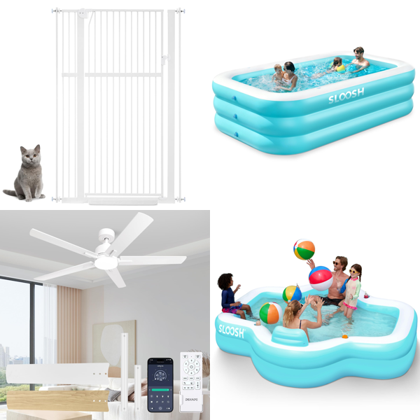 Source photograph for Pallet – Mixed Home Goods – Pet Gates, Inflatable Pools, Ceiling Fan, Photography Lights