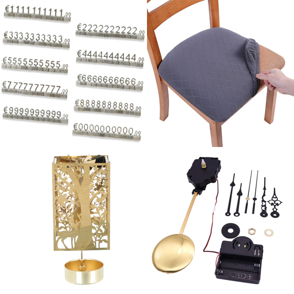 Source photograph for Pallet – Mixed Home Goods – Price Tags, Dice, Candle Holders, Chair Covers, Clock Mechanisms