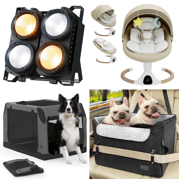 Source photograph for Pallet – Mixed Home & Pet Supplies – LED Stage Lights, Dog Crates, Dog Car Seats, Baby Swings, Vinyl Flooring, Wall Shelves