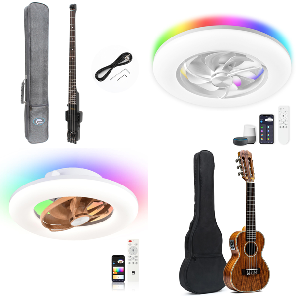 Source photograph for Pallet – Mixed Goods – Electric Basses, Ceiling Fans, Acoustic Guitars, Hedge Trimmers, Projector Screen