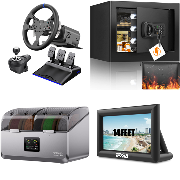 Source photograph for Pallet – Mixed Home, Entertainment & Apparel – Racing Wheel, Filament Dryer, Safe, Projector Screen, Dresses, Swimwear