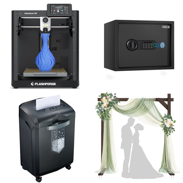 Source photograph for Pallet – Mixed Goods – 3D Printer, Paper Shredder, Safe, Floor Lamp, Garden Tools