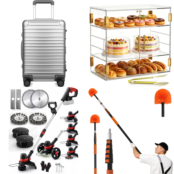 Source photograph for Pallet – Mixed Household Goods – Suitcases, Grass Trimmers, Display Cases, Fans, Cleaning Equipment