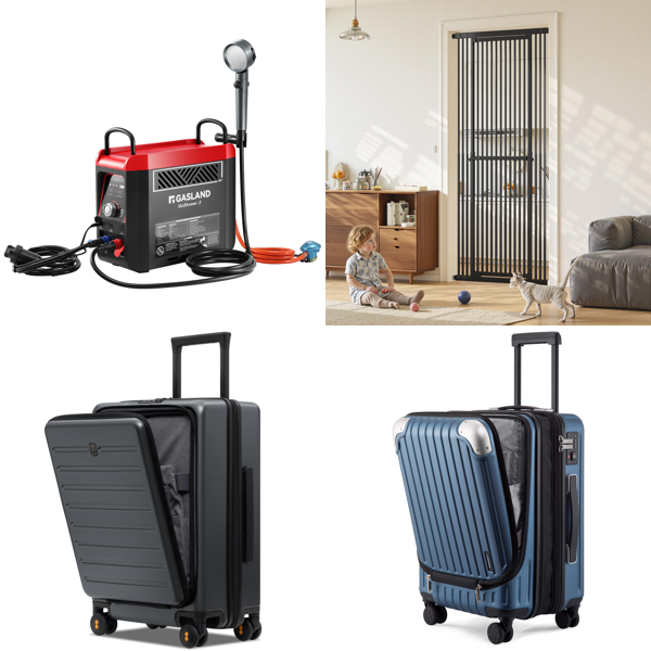 Source photograph for Pallet – Mixed Home Goods – Gas Water Heater, Suitcases, Pet Gate, Drywall Sander