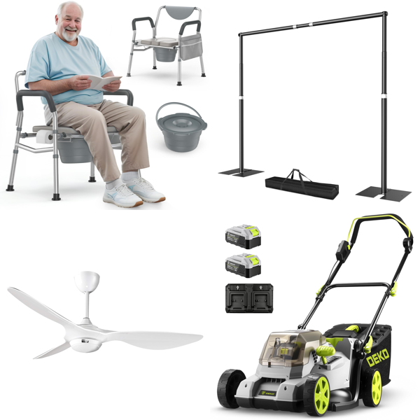 Source photograph for Pallet – Mixed Goods – Commode Chairs, Cookware, Lawnmowers, Garden Hoses
