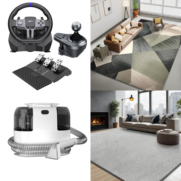 Source photograph for Pallet – Mixed Home Goods – Racing Wheels, Spot Cleaners, Rugs, Suitcases, Vases