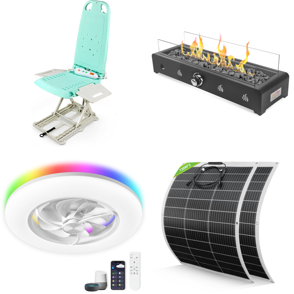 Source photograph for Pallet – Mixed Goods – Bath Lift, Ceiling Fan, Gas Fire Pit, Solar Panel, Cordless Strimmer