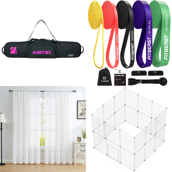 Source photograph for Pallet – Sports, Home & Bar Accessories – Ski Bags, Resistance Bands, Pet Enclosures, Cocktail Shakers